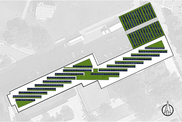PROPOSED LAYOUT FOR EXISTING LOADING/UNLOADING ROOF SHOWING PROPORTIONS OF GREEN AND SOLAR PANELS