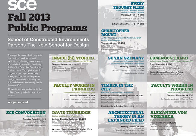 Fall '13 Public Programs for the School of Constructed Environments at Parsons The New School for Design. Image courtesy of The New School.