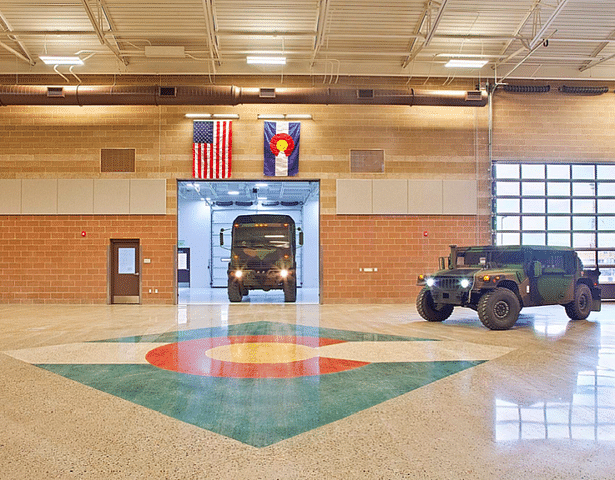 Interior - Drill Hall (stained concrete Colorado Flag Logo)