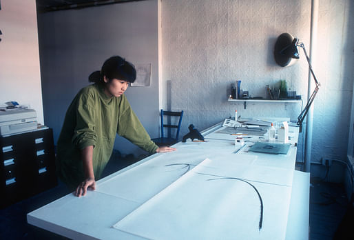 Maya Lin in her studio working on Eclipsed Time ca.1994. Photo: Adam Stoltman.