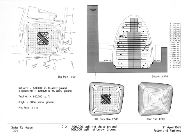This schematic design from spring 1998 envisions 30 St Mary Axe as an adaptation of the Climatroffice, with staggered floorplates set within a curving steel-and-glass enclosure. Foster + Partners, Swiss Re House 1004, Progress Report, 21 April 1998, 1998. Courtesy of Foster + Partners.