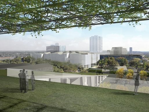 A view of the Fayez S. Sarofim Campus from the planned rooftop terrace of the Glassell School of Art. (via chron.com; Image: Steven Holl Architects