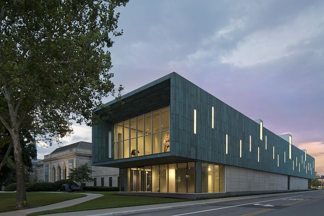 View of Columbus Museum of Art’s new Margaret M. Walter Wing with the Museum’s historic Richard M. and Elizabeth M. Ross Building at dusk.