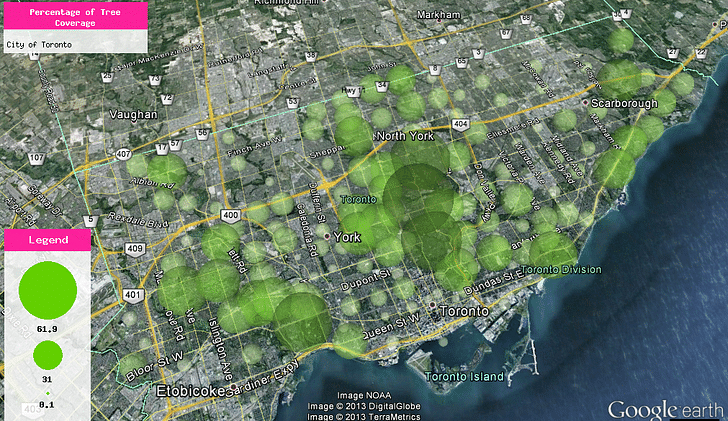 Percentage of Tree Coverage datascape, City of Toronto. Rendered in a light green semi-transparent, spherical model. Data Source: City of Toronto