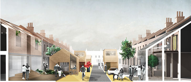 A view of a reinterpreted suburban street, part of the low-rise proposal, which fragments 'the home into a series of activities across a walking distance block.' Credit: ED/GY