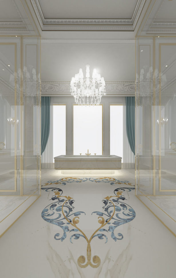 The bathroom inspiration is simple yet sophisticated, glamorous and timeless in style. A radiant White Calacatta flooring complemented by Yellow Siena marble and Azul blue precious stones crafted in captivating classic design pattern graces the room and makes it impressively elegant and luxurious. The soft colour palette as prominent in the walls and drapes conceive an inviting, refreshing and feel-good atmosphere. Surround with glass panels in brass frame, and furnish with stunning...