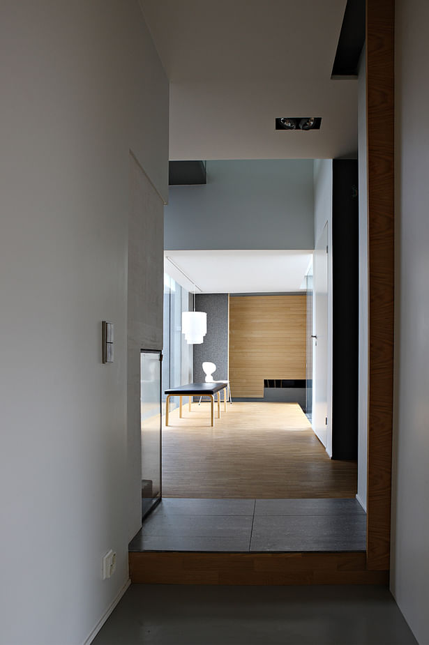 Three elements recur in the interior of the house: oak, glass and white or grey painted surfaces.