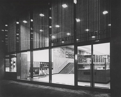 Exterior evening view of the former Mercantile Library on Chestnut St., Philadelphia, 1953. Image: Free Library of Philadelphia.