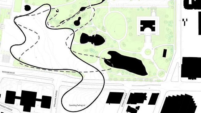 The dotted line shows the original shape of a planned LACMA building, jutting out over a tar pit. The solid line, which stretches over Wilshire Boulevard, is the revised design. (Atelier Peter Zumthor & Partner)