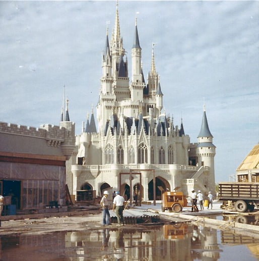 The iconic Cinderella Castle, the theme park's central landmark structure, under construction in the early 1970s. (Image via cnn.com, courtesy of Kelly Wise Valdes.)