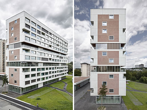 Hirzenbach Apartment Building. Architect: Boltshauser Architekten AG. Location: Zürich, Switzerland. Photo: Kuster Frey Fotografie.