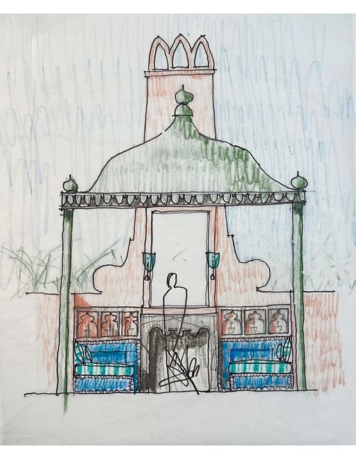 William Georgis, Pool Pavilion, Georgis Residence, Rancho Santa Fe, California, 2023. Prismacolor and ink on tracing paper. 11 x 9 in. Image courtesy New York School of Interior Design (NYSID)