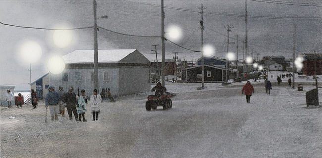 A cluster activates the space outside the Northern Store while also measuring changes in permafrost around building foundations. New street lighting improves safety at night.