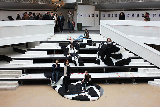 The Straw-K team poses with their installation among students at the Ecole Spéciale d’Architecture hall in Paris. Straw-K recently won the Young Talent Prize in the Africa Design Award 2014.
