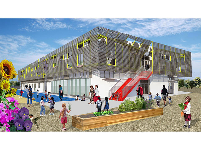 Holcim Silver Award: Zero net energy school building, Los Angeles, CA by Gloria Lee and Nathan Swift, Swift Lee Office, Los Angeles, CA in collaboration with IBE Consulting Engineers, Sherman Oaks, CA, Thornton Tomasetti Inc., San Francisco, CA, and Butler Manufacturing Company, Santa Ana, CA: Exterior rendering with perforated solar skin with apertures of various size to control daylight and view, and wall panels with applied graphics.