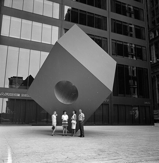 Isamu Noguchi, Red Cube, 140 Broadway, 1968. Photograph by Edmund Vincent Gillon. Museum of the City of New York, gift of Blair Davis, 2013.3.2.1667.