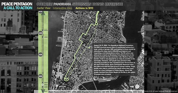 Screenshot from Website:Panorama/Actions in NYC. This action during the RNC was the subject of a lawsuit. NYPD arrested more than 200 participants just as the peaceful march began and held them in a detention facility for several days. New people joined the march at Union Square and it continued up to near the convention location as a protest against the Iraq and Afganistan wars.