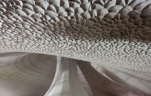 Close-up of the central auditorium's parametric acoustic panels. Photo: Oliver Heissner.