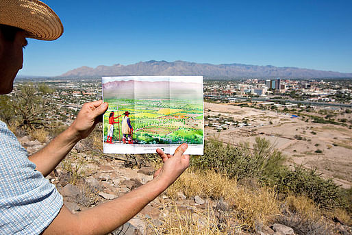 A view of modern Tucson and a drawing of the same scene when the area was known as New Spain. Credit: John Burcham for The New York Times