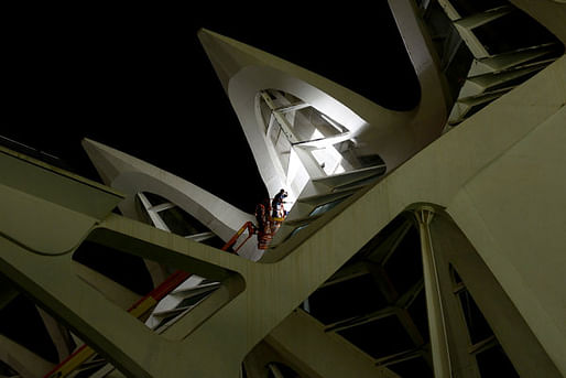 Workers in Valencia, Spain, fix leaking windows in a science museum by Santiago Calatrava (Samuel Aranda for The New York Times)
