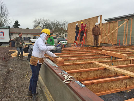 Students finish floor joists during the OregonBILDS studio in January 2016 in west Eugene. “Very few other—if any—housing programs address housing design education in a comprehensive manner,” says Professor Michael Fifield. Photos courtesy OregonBILDS. This is the third house UO students...