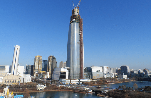 Lotte World Tower under construction in January 2015. The tower is already Korea's tallest building and aims to reach a height of 1,824 ft/556 m, making it the world's sixth tallest. (Image via Wikipedia)