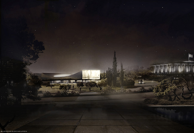 Exterior render of the National Library at night. Credit: Herzog & de Meuron