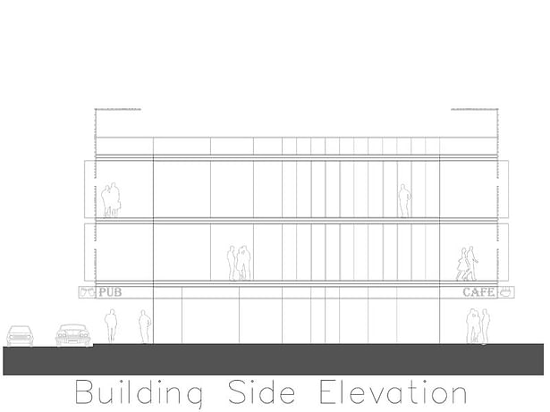 An elevation of the side of a mixed use building.