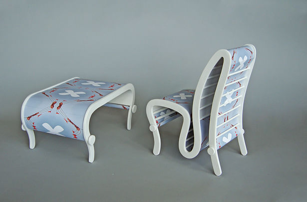 The patterned table and chair.