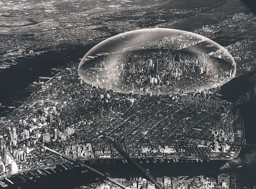 Buckminster Fuller, Dome Over Manhattan, 1960. Black and white photograph on board with dome overlay, 12.75in x 18.38in. Courtesy The Estate of R. Buckminster Fuller