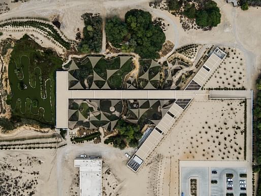 Bird's eye view of the Visitor Centre, Wasit Wetland Centre, Sharjah, United Arab Emirates. Image credit: X-Architects / Nelson Garrido.