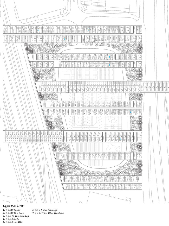 Plan of housing bars forming a framework and rhythm across the site. Image courtesy of Neeraj Bhatia