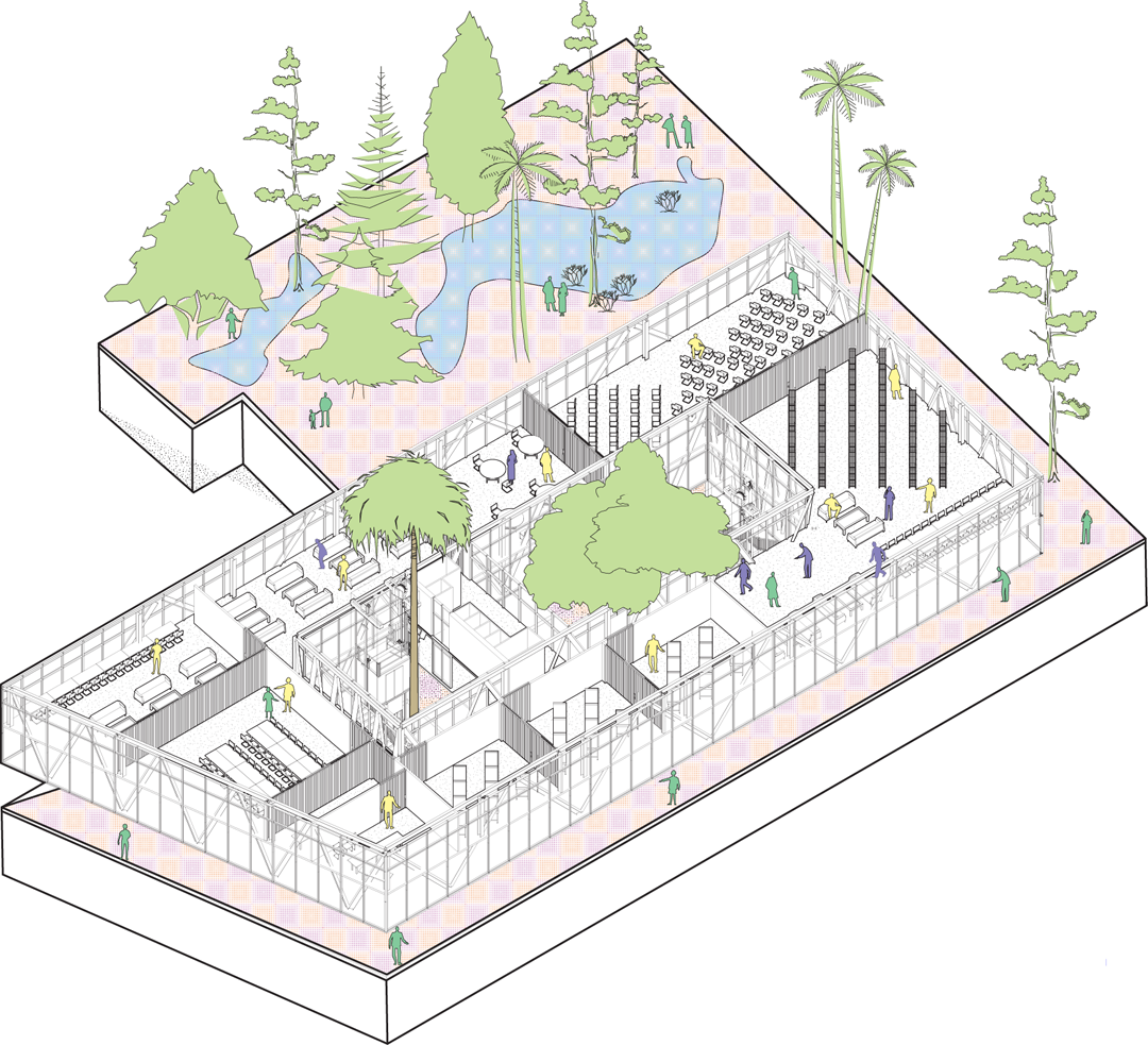 Site Axonometric: The large and generous site can, because of the operable and semi-public nature of the structure’s groundfloor, remain open to nature. We see a myriad of native plantings, shallow bogs for water retention, and a series of meandering paths connecting the paved, semi-public spaces and the verdant sideyard. We also see the greenspaces hidden within the central courtyard. This structure osscilates between extreme conditions of inhabitation and existence, like the city it...