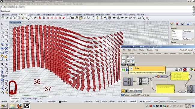 screenshot of Primate, the plugin that Mitch McEwen created to integrate Leap Motion with parametric design in Grasshopper