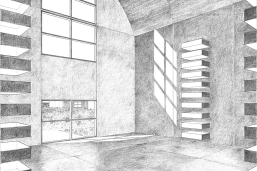 Interior view of 9 meter concrete building. Drawing by Claude Armstrong. Image via centerforarchitecture.org.