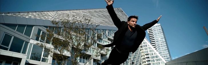 Bjarke takes Miesian immateriality—architect/ure supplanted by the image-apparatus—to new heights. Here he is filmed in suspended slow-motion somewhere between a leap and a fall, a figural escape from what he suggests are the immobilizing extremes of architecture. Still from Abstract: The Art...
