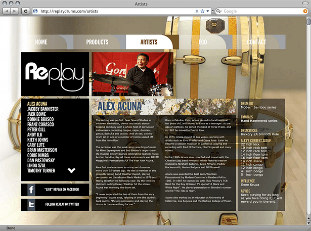 Artists page gives a short bio on every artist sponsored by Replay Drums. 