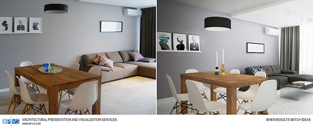 Left side - photo of the ready apartment, right side - initial concept visualization