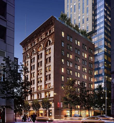 Computer-rendered view of proposed condo tower, 706 Mission, to be built by Millennium Partners at Third and Mission Streets, incorporating the 1903 Aronson Building, a historic landmark, and (on the west side, not shown), the Mexican Museum. (Image via sfgate.com)