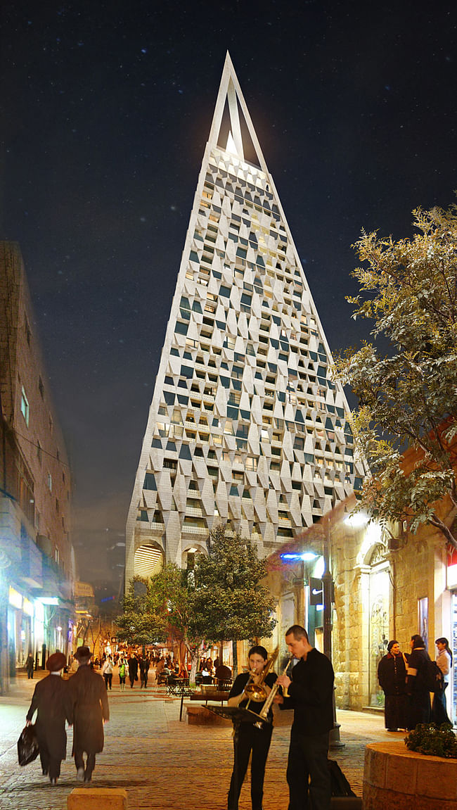 Rendering of the planned The Pyramid tower in Jerusalem, designed by Daniel Libeskind and Yigal Levi. (Copyright: Vingtsix; Image courtesy of Studio Daniel Libeskind)