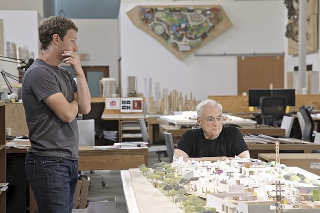 Mark Zuckerberg and Frank Gehry survey designs for the Facebook campus.