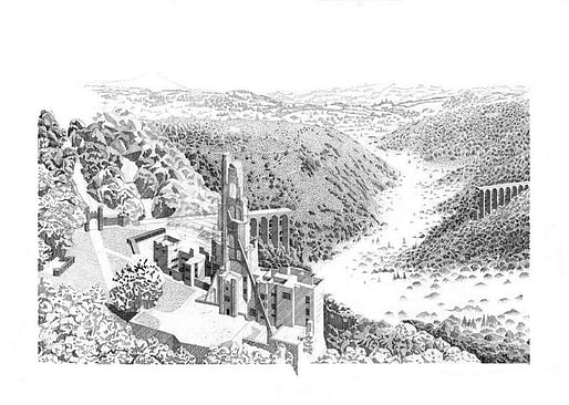 Edward Crooks - Holding Up: Castle Drogo No.1. Pen & ink on paper. 594 × 420mm 