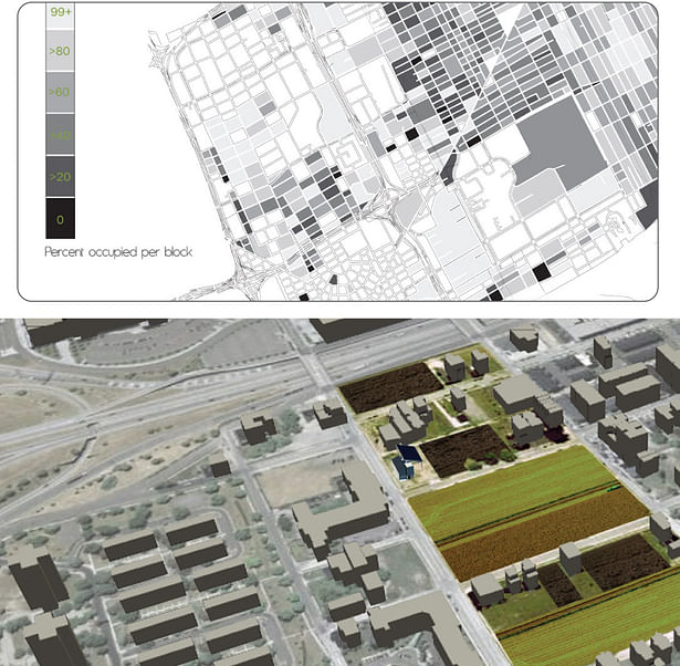 (top) A map constructed to illustrate the despairity of blight in Detroit (bottom)An Aerial View of the residential area near downtown implementing a residential-rural cycle