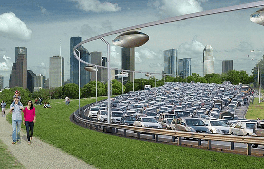 A rendering of SkyTrans with adjacent vehicular traffic and a happy family. Credit: Skytrans via CNN