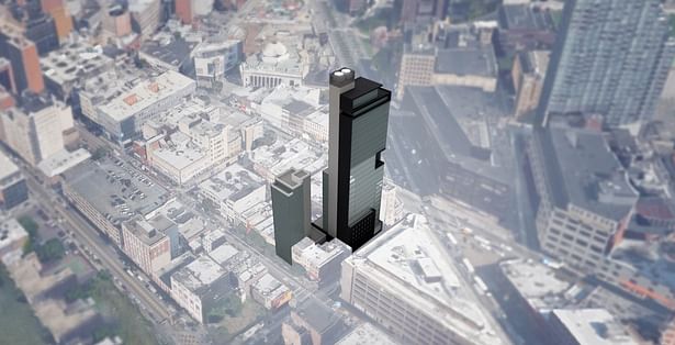 3D model of the project's two buildings within their urban context