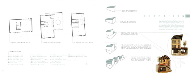 Floor plans, form process diagrams and hand cut models