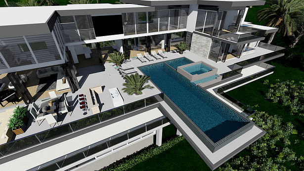 Aerial view of upper pool and lounge area of this magnificent Cantilever home