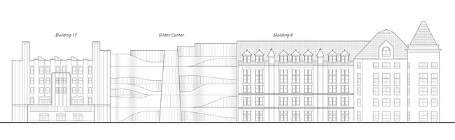 The conceptual design of the Gilder Center maintains the current elevations of the Museum complex on its western side, placing the Columbus Avenue façade at the same height as the buildings on either side of the new entrance. Courtesy of Studio Gang Architects 
