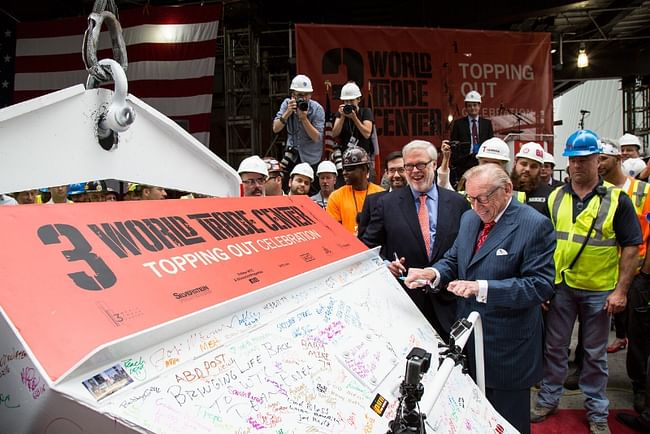Silverstein Properties Chairman Larry A. Silverstein (right) and Port Authority of New York & New Jersey Executive Director Pat Foye at the topping out ceremony signing the final bucket of concrete. (PRNewsFoto/Silverstein Properties)