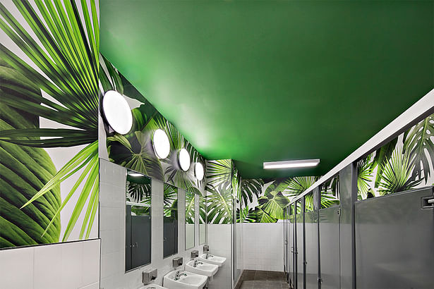 For the communal bathrooms we decided to make them a fun and unexpected explosion of greenery, thanks to Ghislaine Vinas' and Flavor Paper. 